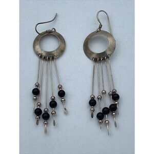 Vintage South Western Sterling Silver Black Onyx  Quill Dangle Earrings